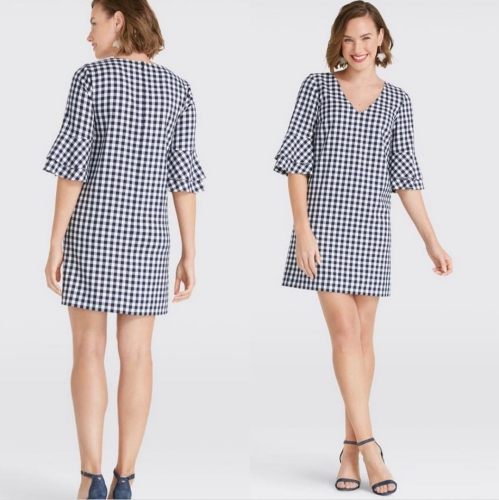 Draper James Navy Blue Gingham Bell Sleeve Dress size 12 NWT